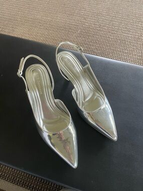 BCBGeneration Silver Pointed Slingback Heels